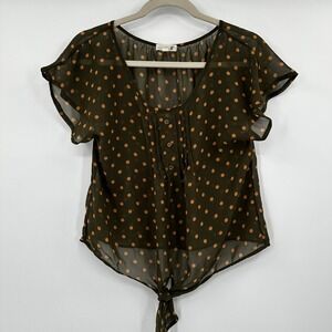 Mine Polka Dot Tie‎ Front Sheer Blouse Olive Green Brown Medium Flutter Sleeve
